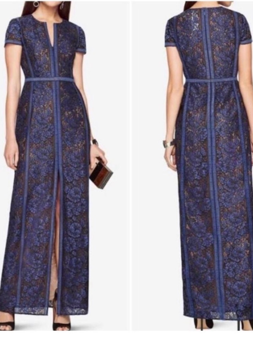 BCBGMaxAzria Navy Floral Lace Maxi Dress with Front Slit